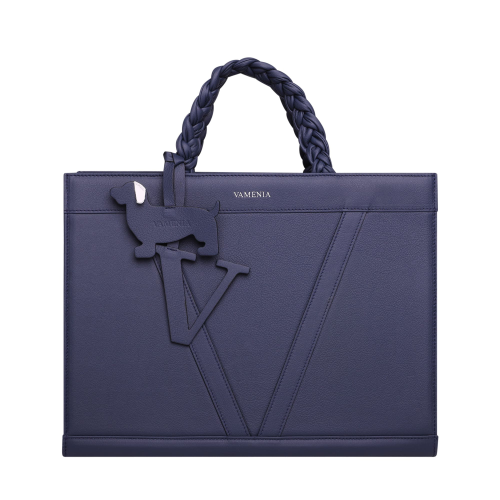 Handbag made of  calfskin with braided handles dark blue